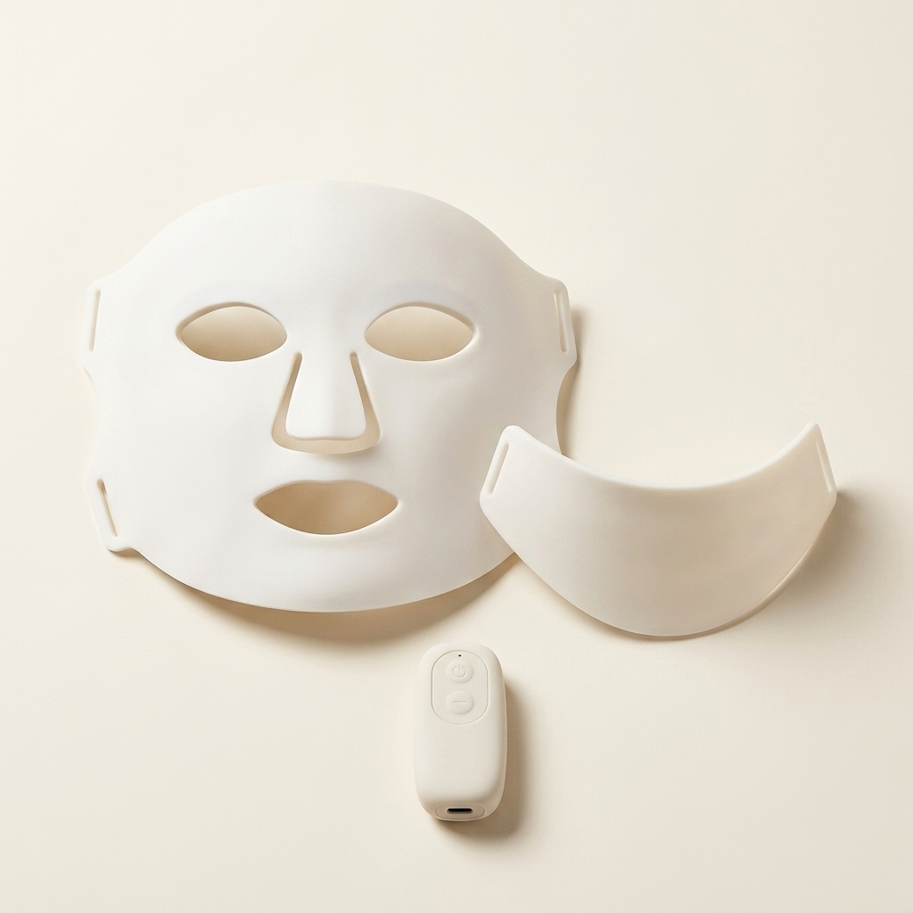 PURE SOL. silicone LED face mask with neck piece and USB-C controller on ivory background