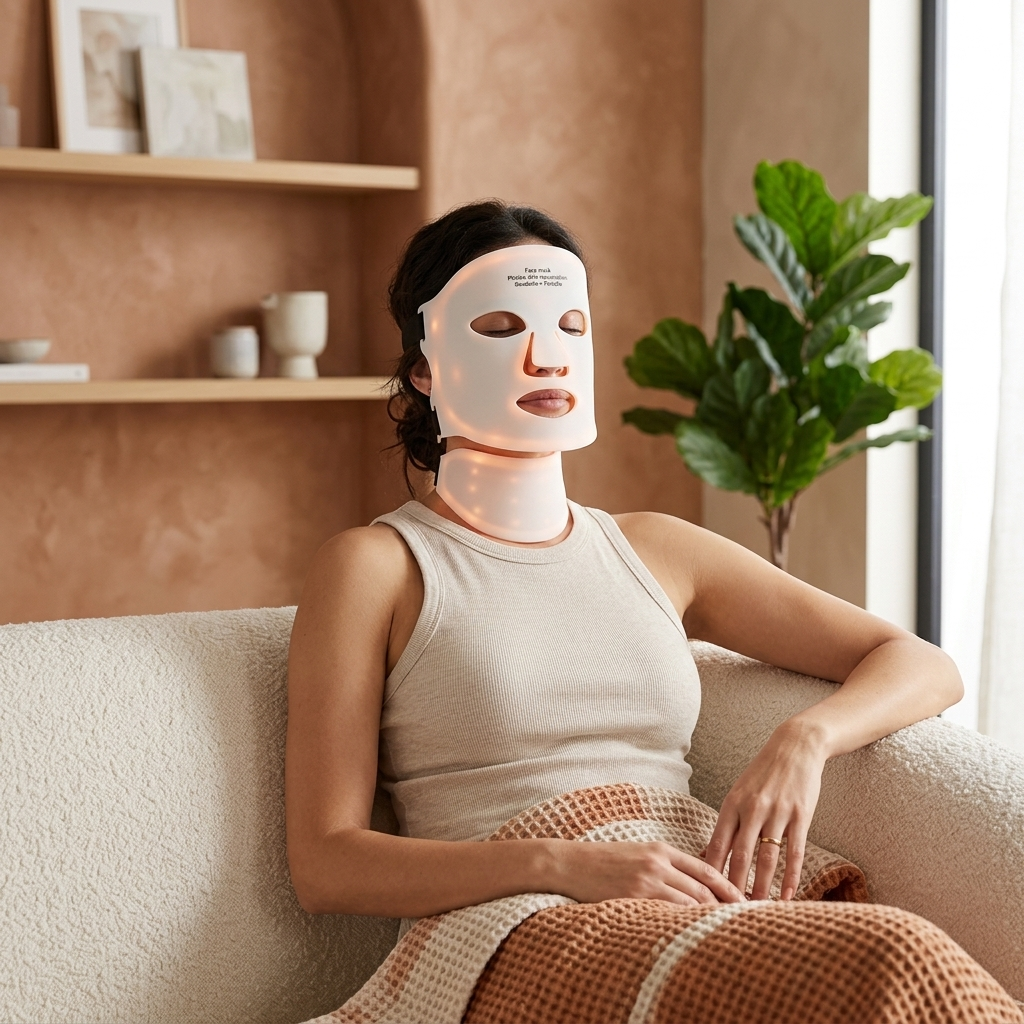Woman relaxing at home wearing the PURE SOL. cordless silicone LED light therapy mask