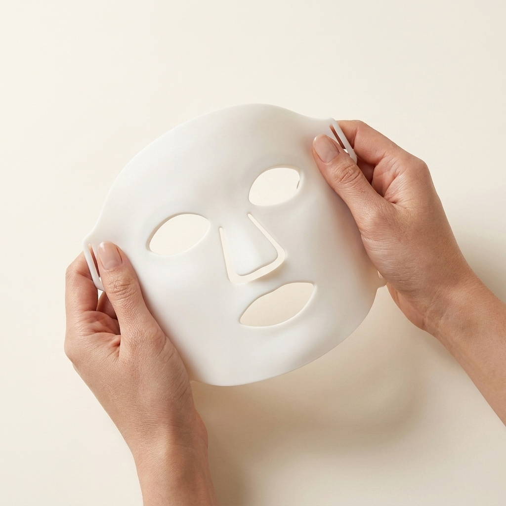 Hands gently flexing the soft food-grade silicone PURE SOL. LED mask