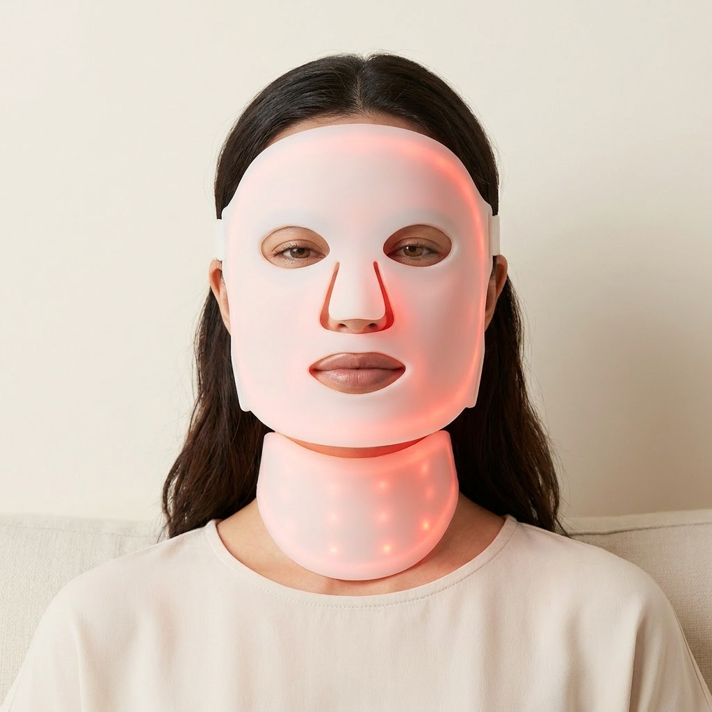 Woman wearing the PURE SOL. silicone LED face and neck mask glowing warm red light