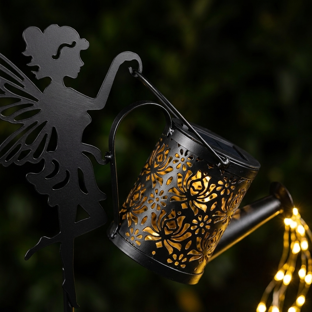 Close-up of the cut-metal fairy silhouette and floral watering can pattern, showing metal build quality