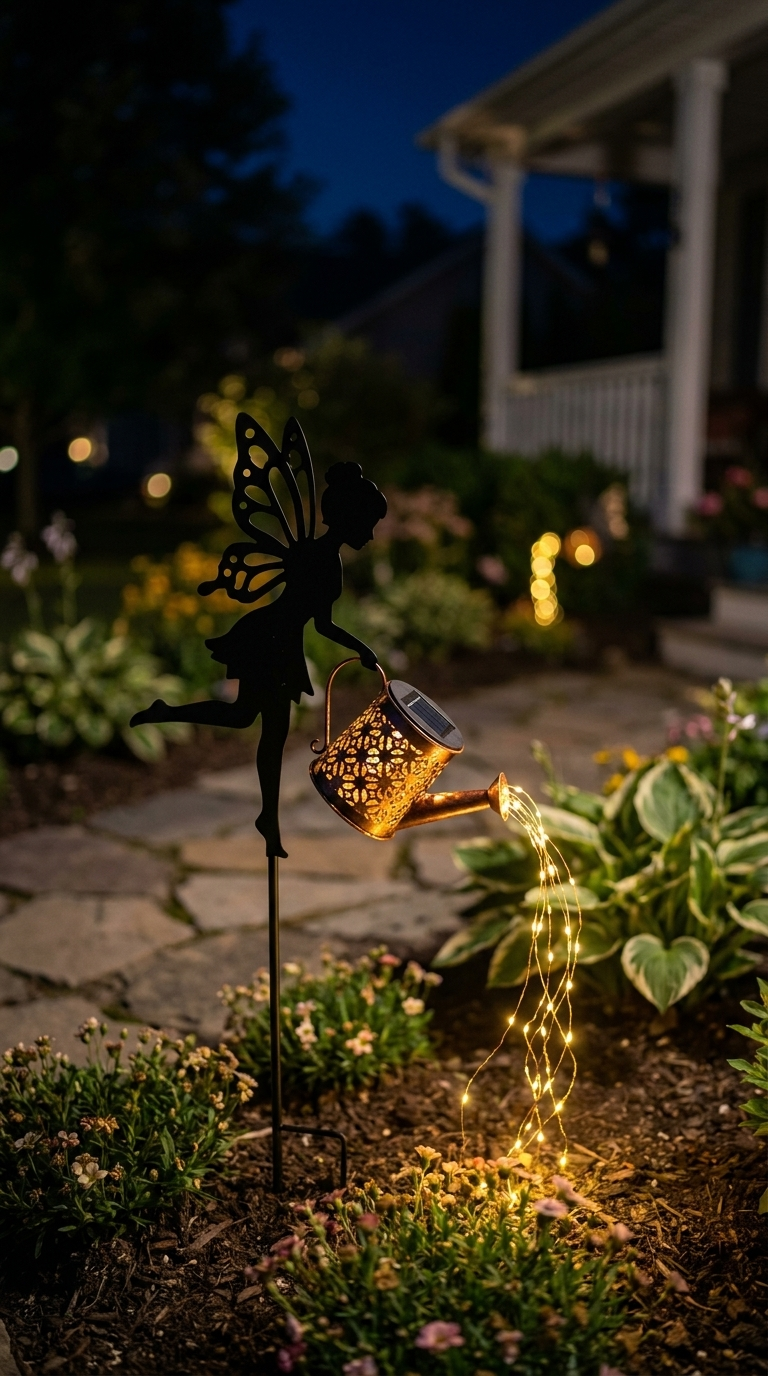 Fairy Watering Can Light glowing on a garden path at night beside a porch
