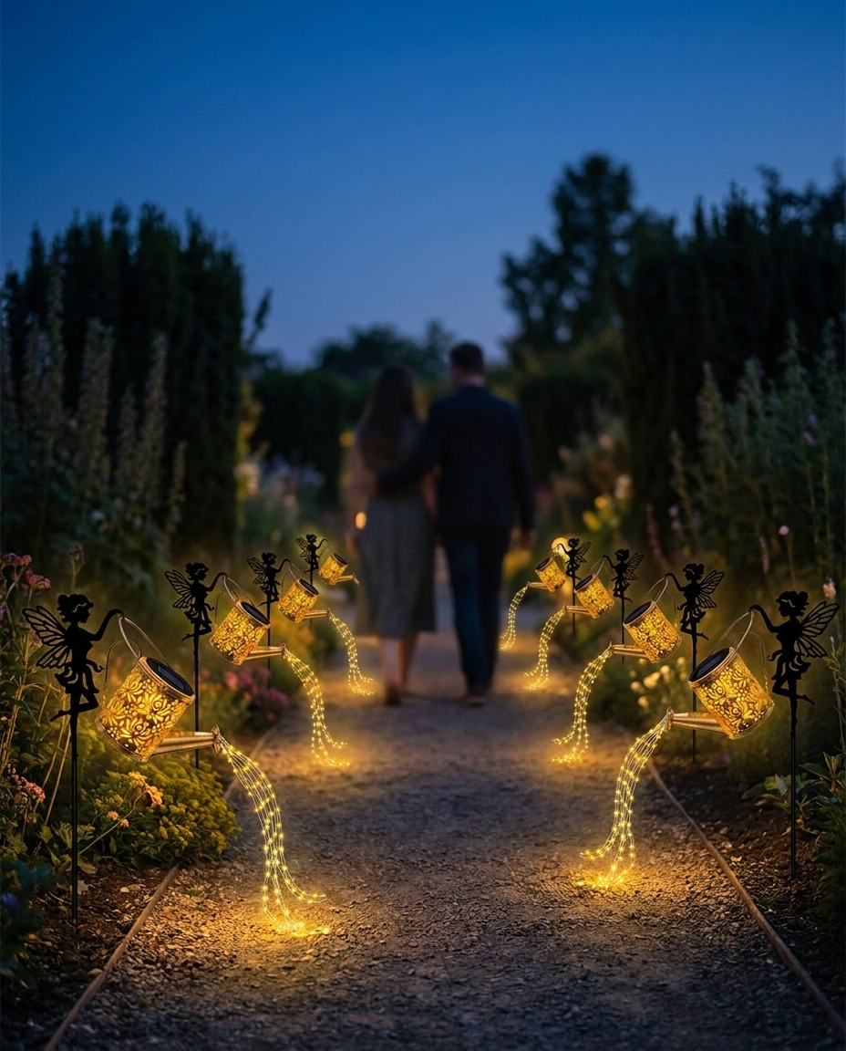 A couple walking a garden path at dusk lined with glowing Fairy Watering Can Lights