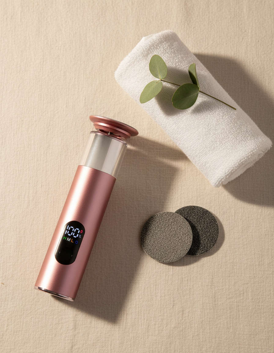 Electric foot callus remover with a rolled towel, eucalyptus and replacement sanding heads