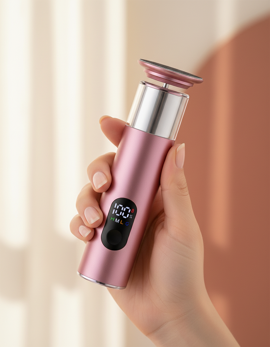 Rechargeable electric callus remover held in a hand